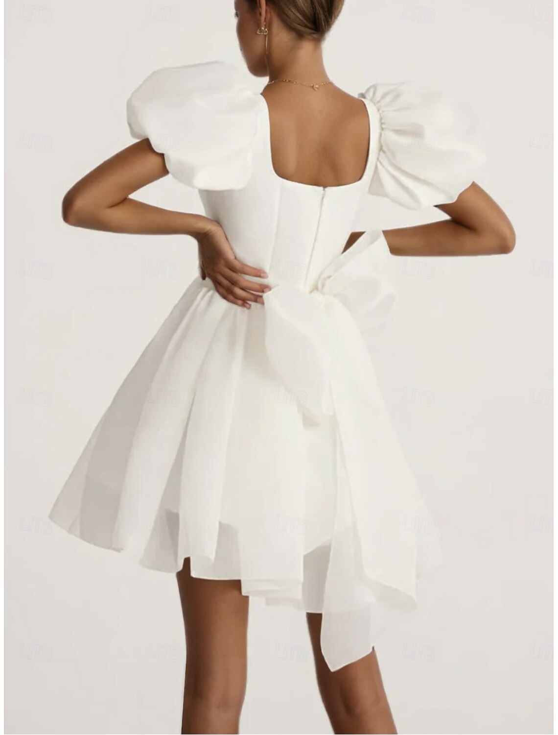 Engagement Little Graduation White Wedding Dresses A-Line Square Neck Short Sleeve Short Satin Bridal Gowns With Ribbon Bow(s)