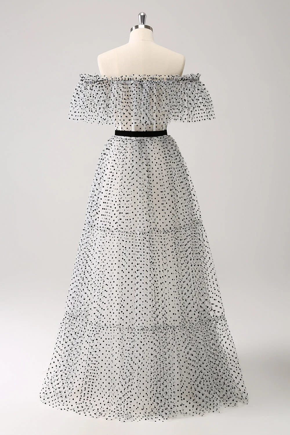 White Black Retract Your Waist A-Line Dot Off-The-Shoulder Prom Dress