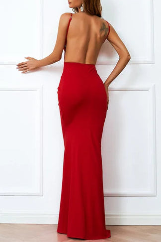 Red V-Neck Backless Appropriate color matching Mermaid Long Evening Dress