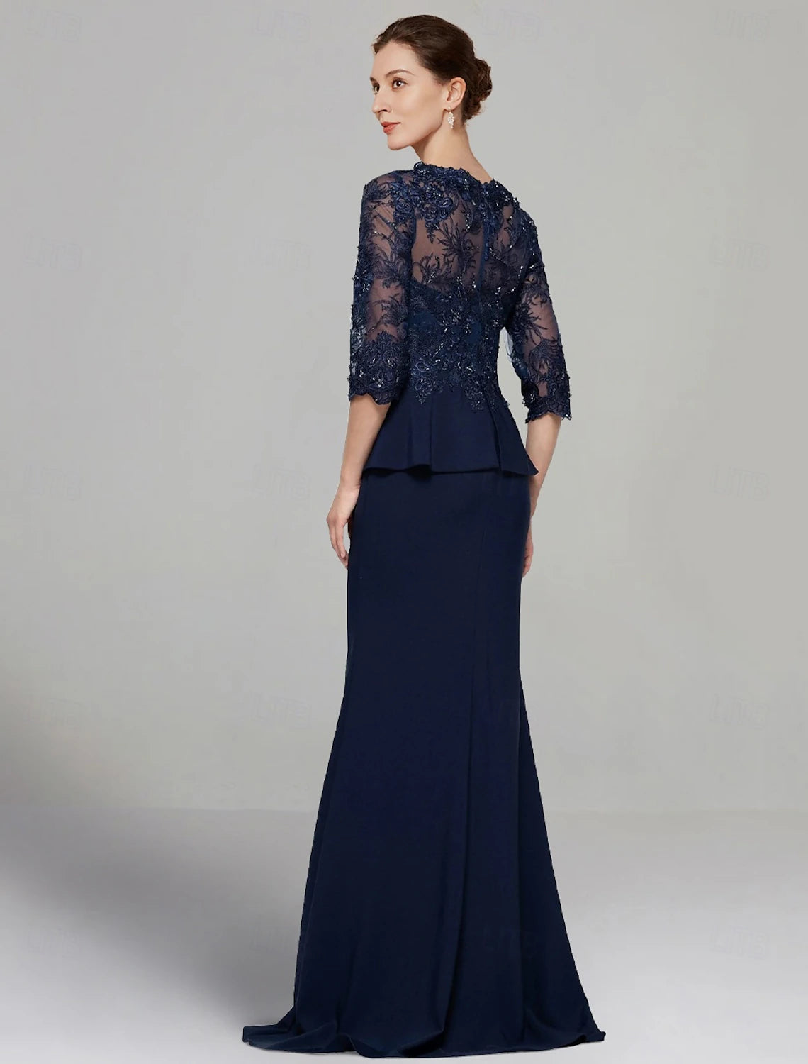 Sheath Dress Mother of the Bride Dress Elegant V Neck Floor Length Stretch Chiffon 3/4 Length Sleeve with Lace Pleats Solid Color