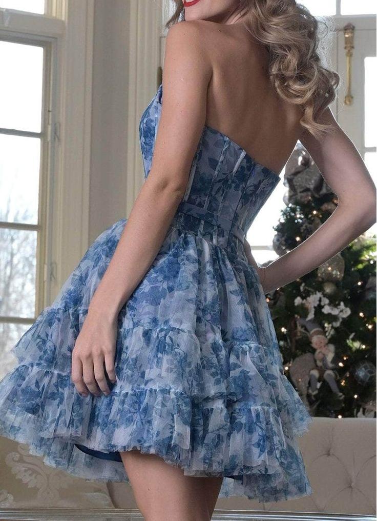 A-Line Printed Tulle Short Prom Dresses Sweet Blue Strapless Homecoming Dress