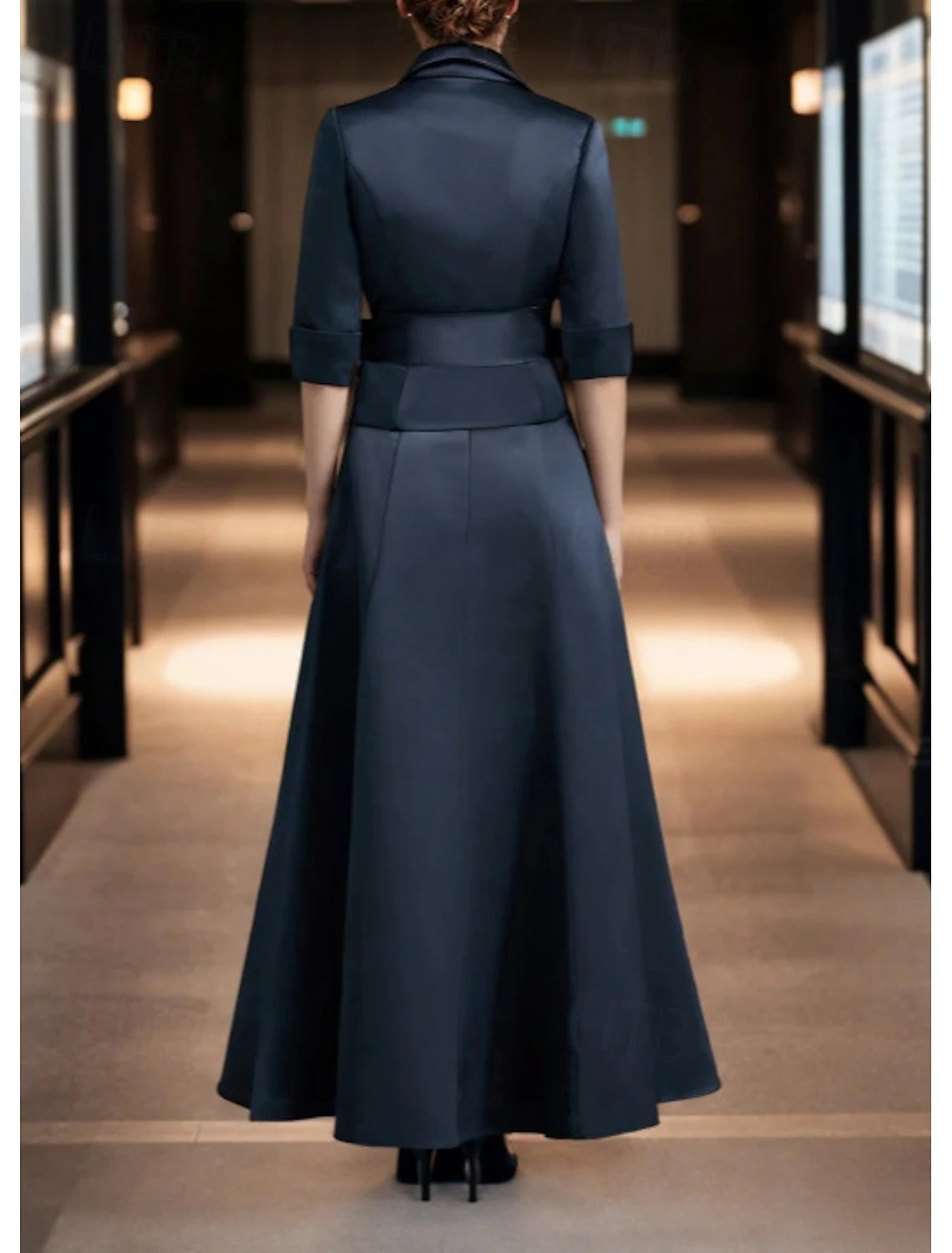 Two Piece A-Line Dress Suit Mother of the Bride Dress Tuxedo Dress Elegant Simple V Neck Ankle Length Satin 3/4 Length Sleeve with Sash / Ribbon Pleats Solid Color Derby Dress Race Day Dress