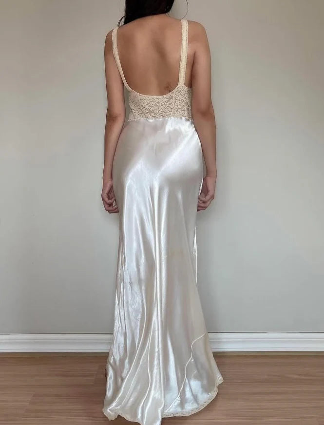 Simple A Line V Neck Ivory Satin Lace Long Open Back Prom Dress