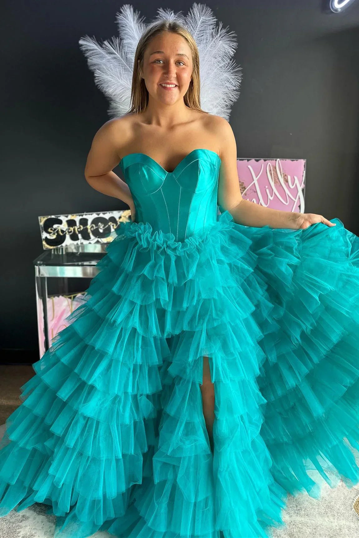 Black A Line Sweetheart Neck Layered Satin Tulle Long Wedding Guest Dress