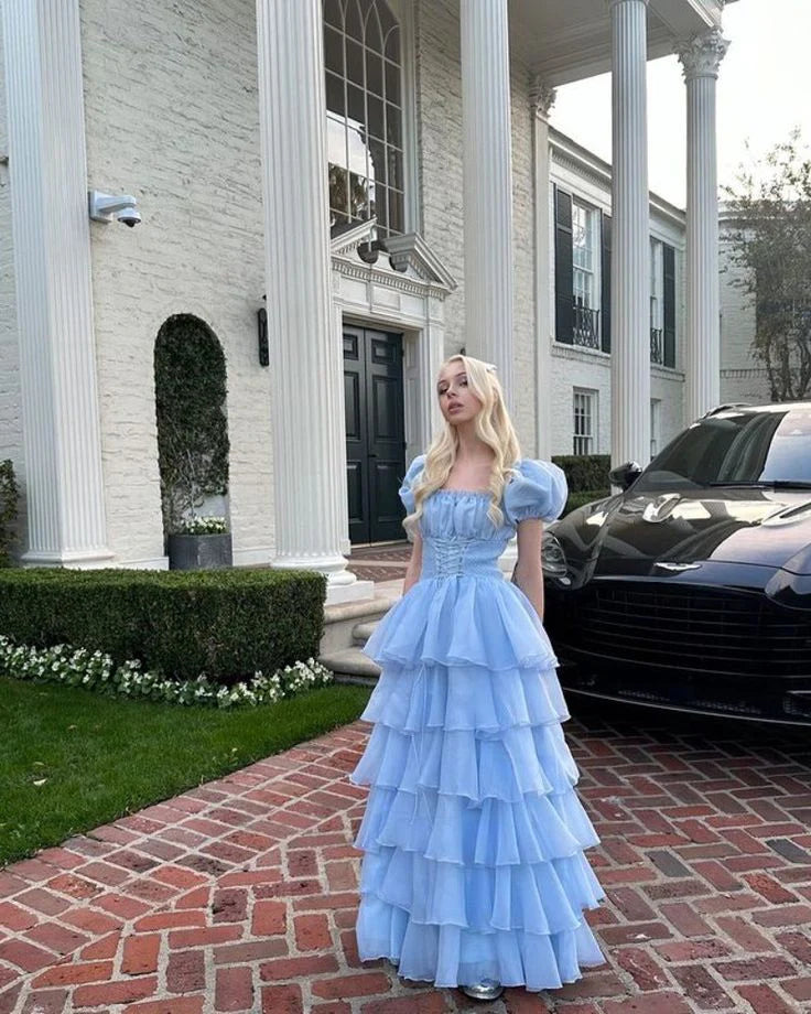 Cute Blue Tulle Tiered Hepburn Princess Prom Dress Evening Dress Ball Gown