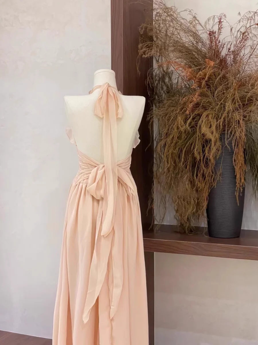 Sexy A Line Ruffled Chiffon Long Women's Halter Retract Your Waist Holiday Dresses