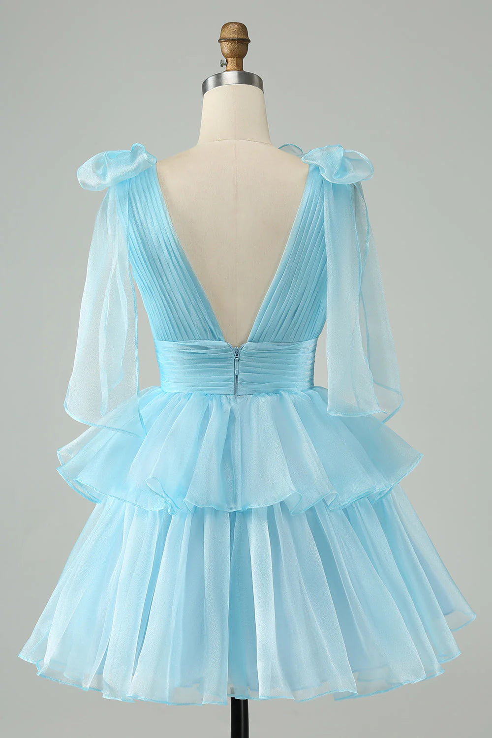 Sky Blue A Line V Neck Pleated Tiered Short Retract Your Waist Homecoming Dress