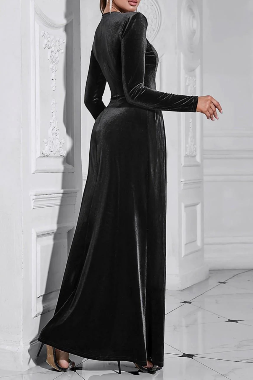 Sparkly A Line Velvet Slim-fit Long Evening Dress With Long Sleeves