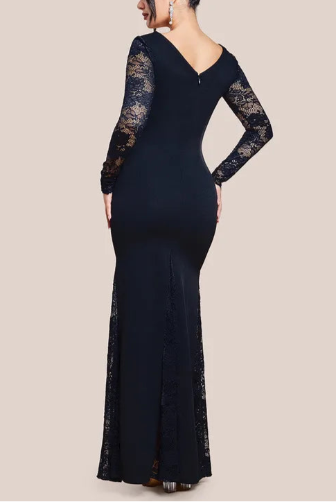 Scuba & Lace Long Sleeve Retract Your Waist Bridesmaids Maxi Dress