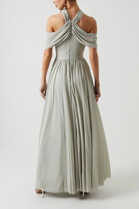 Elegant and gentle Cross Neck Cold Shoulder Stretch Mesh Bridesmaid Dress