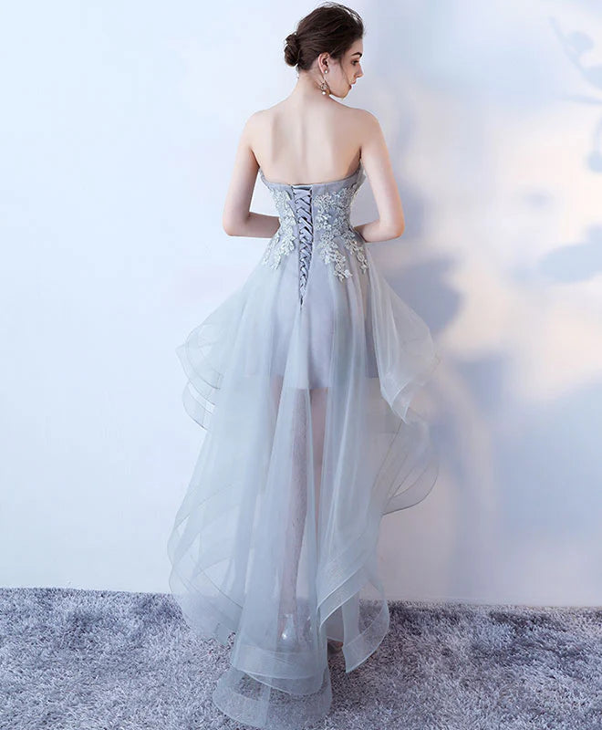 Gray Tulle Lace High Low Prom Dress Full of charm Homecoming Dress