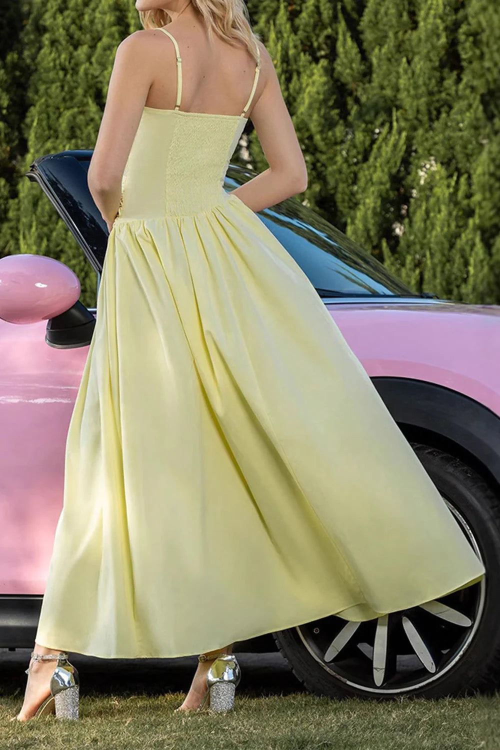 Yellow A Line Ruched Asymmetrical Retract Your Waist Prom Dress With Lace