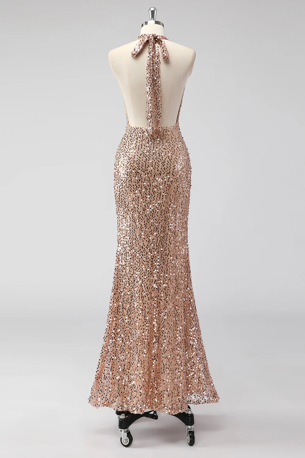 Simple and elegant Sparkly Champagne Halter Backless Long Prom Dress