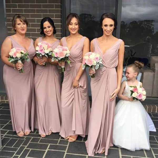 Simple Dusty Pink V-neck Long Bridesmaid Dresses Maid of Honer Dress