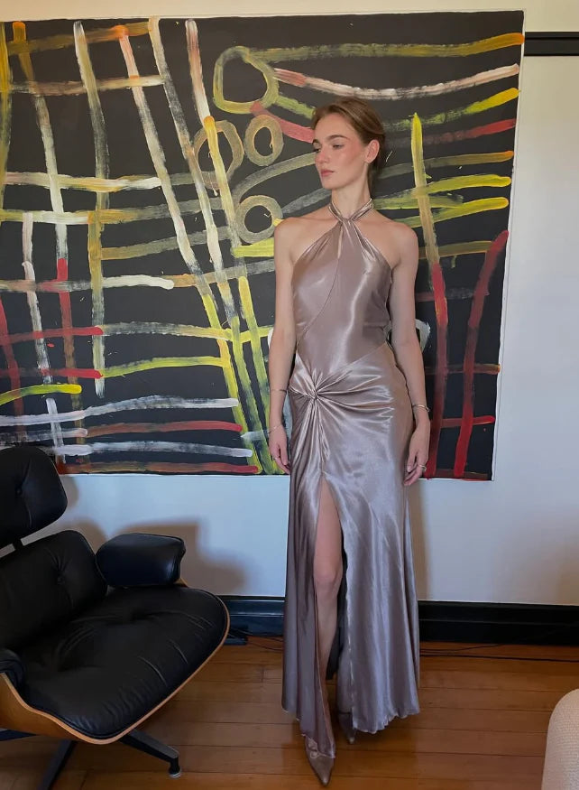 Simple A Line Halter Brown Satin Open Back Long Prom Dress