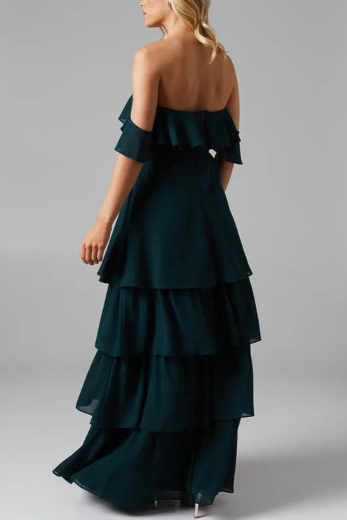 Petite Bardot Tiered Georgette One-Shoulder With Tie Detail Bridesmaids Dress