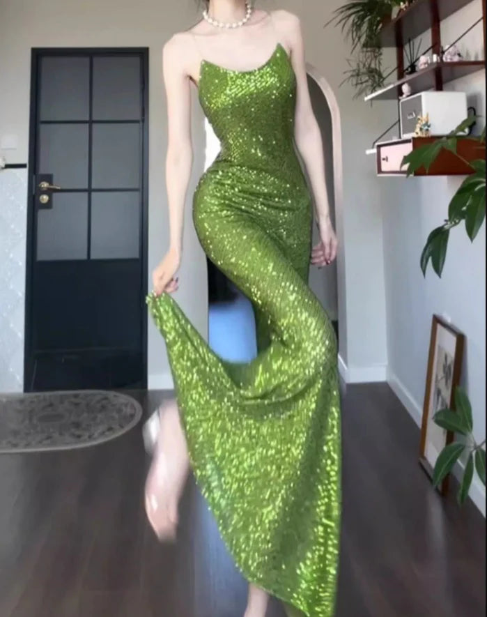 Sheath Spaghetti Strap Sequined Prom Dress Vintage Green Birthday Dress