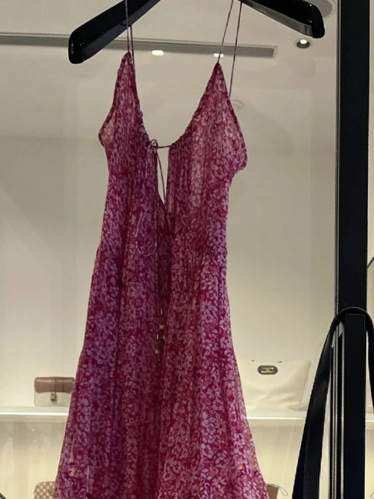 Hot Pink Floor Length Floral Beach Dress Women's Cute A line Straps Ruffled Prom Dresses