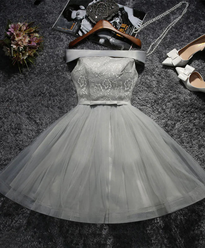 Cute Gray Lace Tulle Short Prom Dress Full of charm Homecoming Dress