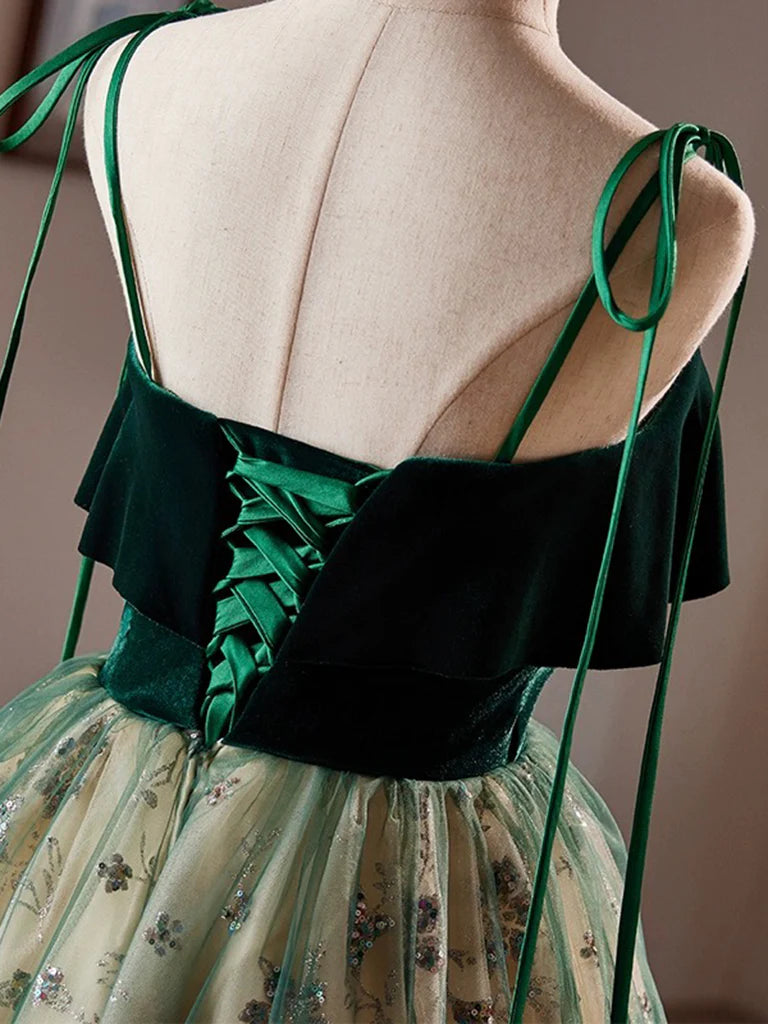 A-Line Tulle Sequin Velvet Green Short Prom Dress, Retract Your Waist Homecoming Dress