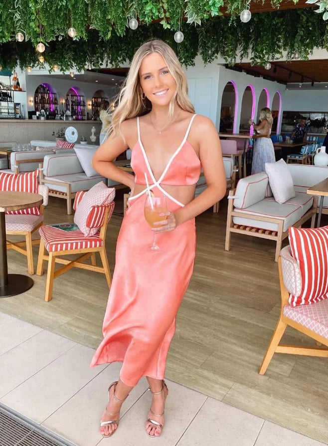 Spaghetti Strap Orange Satin Long Prom Dress Simple Sheath Evening Dress