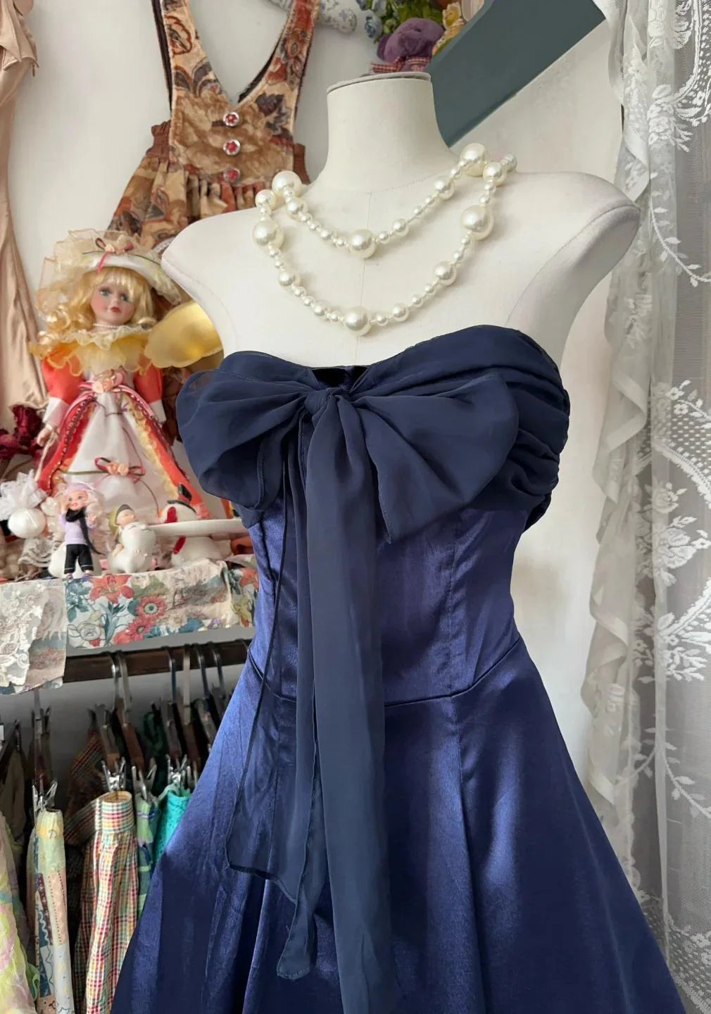 Elegant Navy Strapless Satin Mermaid Unique design Short Party Dresses