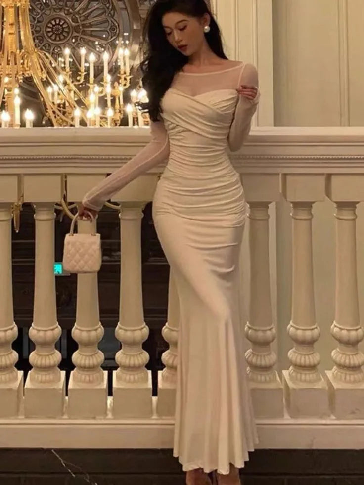 Mermaid Dress Women Patchwork Long Sleeves Vintage Solid Evening Party Gown