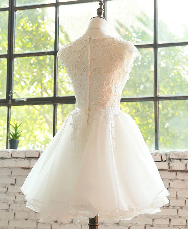 White Lace Tulle Short Prom Dress, Full of charm Homecoming Dress