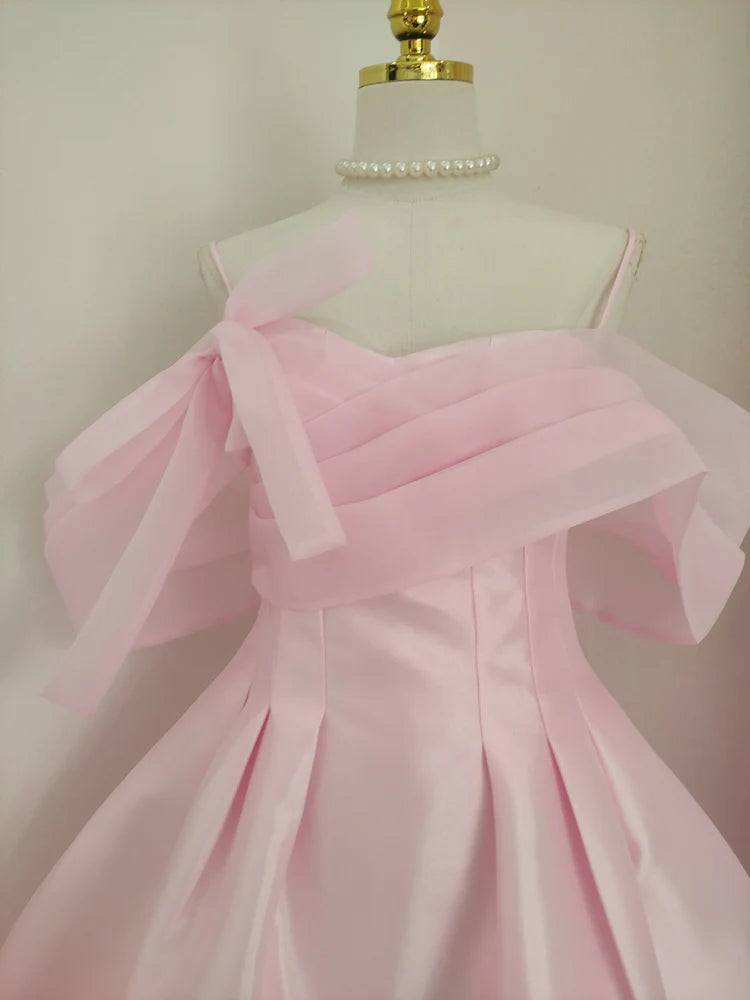 Pink A-line off-the-shoulder tulle satin short prom dress, Full of charm homecoming dress