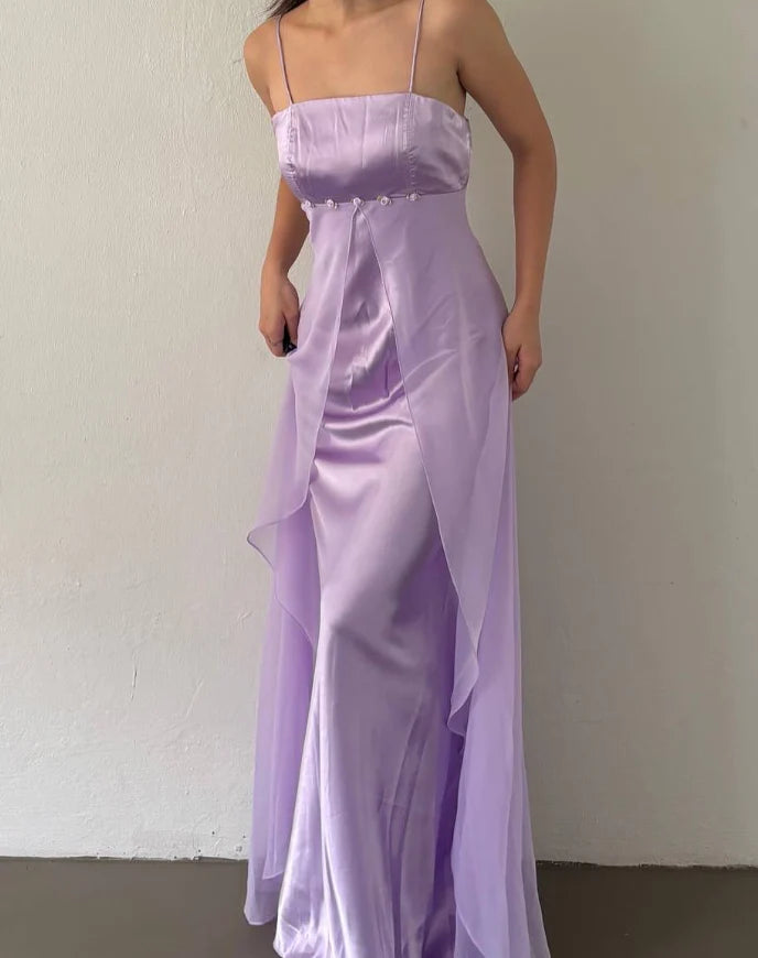 Cute A Line Spaghetti Strap Purple Satin Chiffon Long Prom Dress