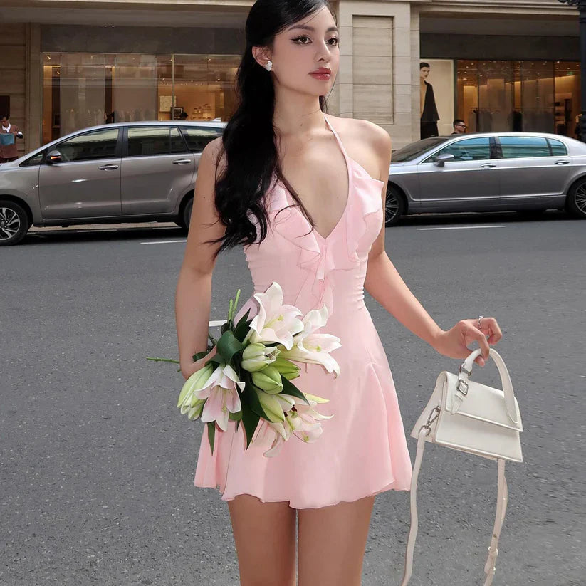 Pink A Line V Neck Ruffles Chiffon Short Retract Your Waist Homecoming Dress Outfits