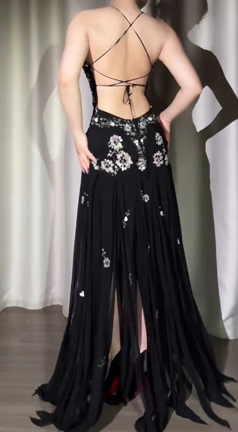 Elegant Sheath Long Prom Dresses Chiffon Beading Open Back Black V-neck Evening Gowns with Slit