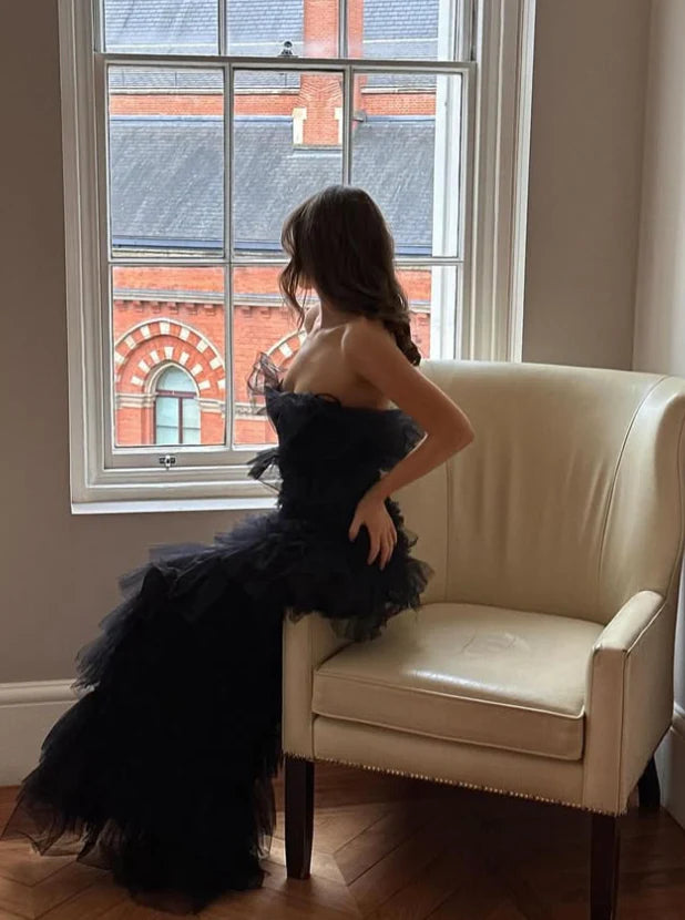 Strapless Layered Tulle Long Prom Dress Black Mermaid Evening Dress
