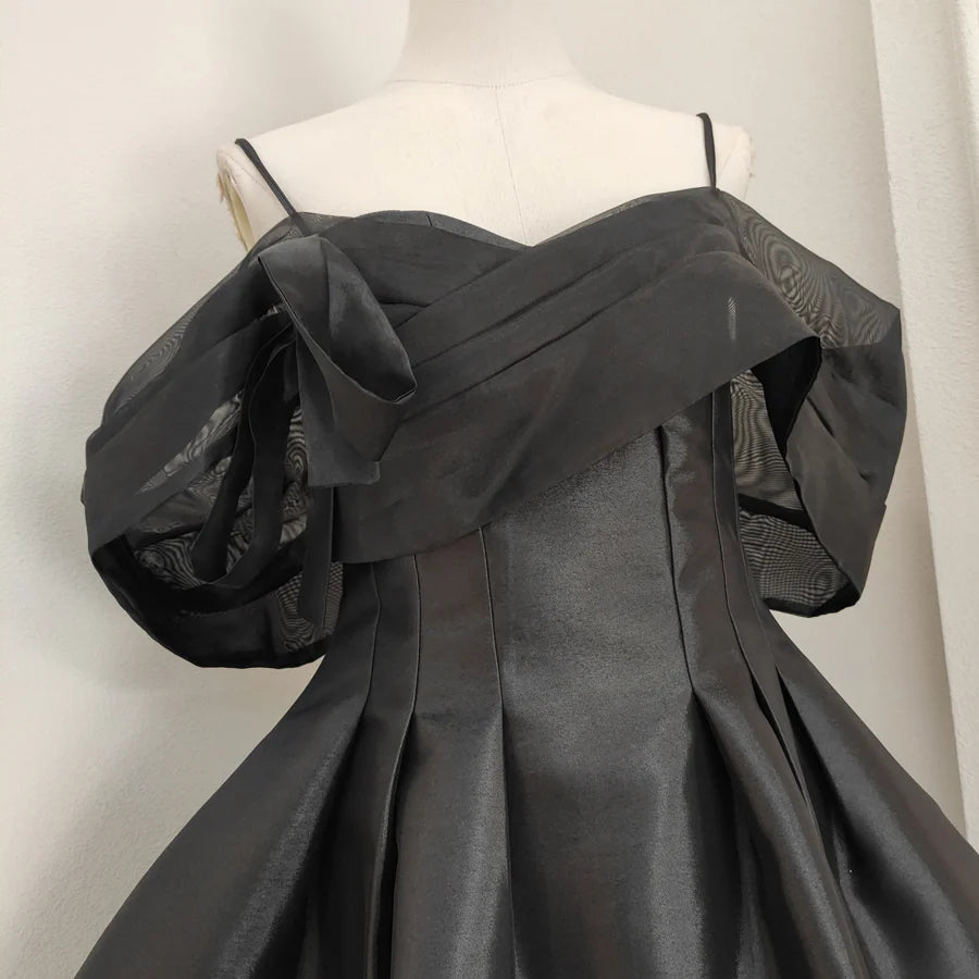 Black A-line tulle satin short prom dress off-the-shoulder homecoming dress