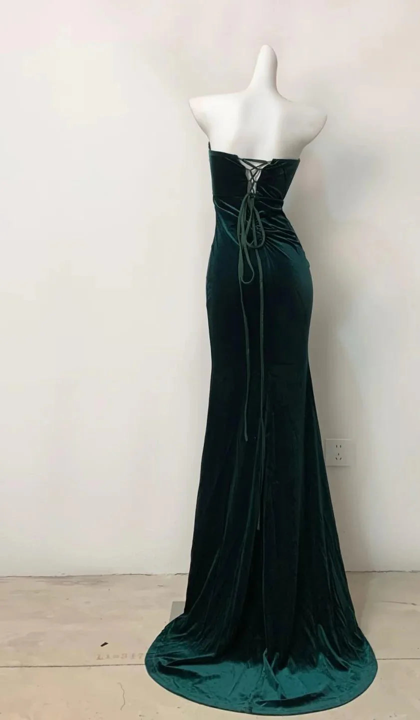 Elegant Unique design Dark Green Strapless Mermaid Velvet Long Evening Dress