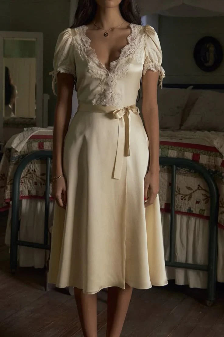 Cute A Line Puff Sleeve Lace Light Champagne Satin Prom Dress