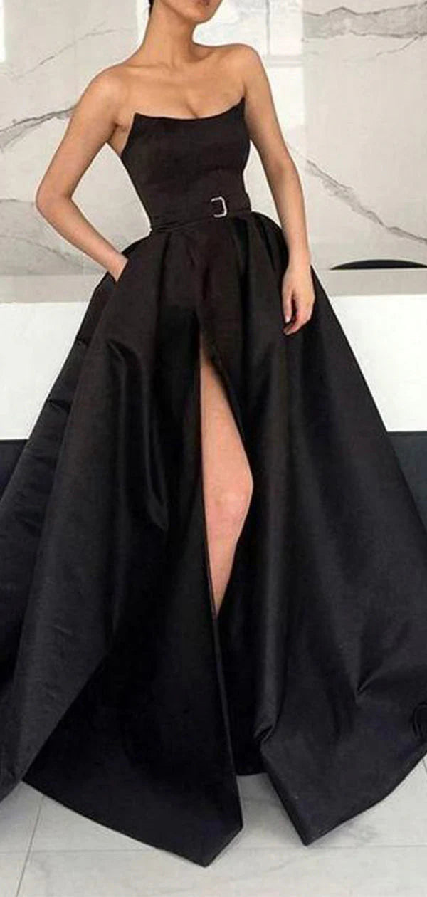 A-line Black Elegant Modest Retract Your Waist Formal Long Prom Dresses