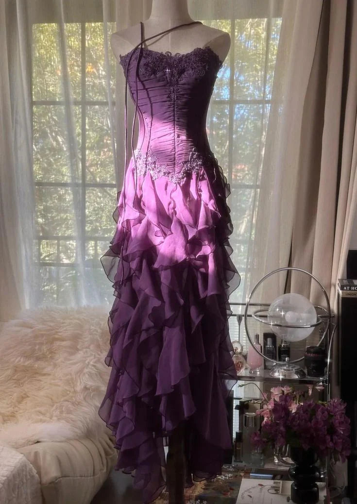 Strapless Appliques Tiered Chiffon Long Prom Dress Purple Sheath Evening Dress