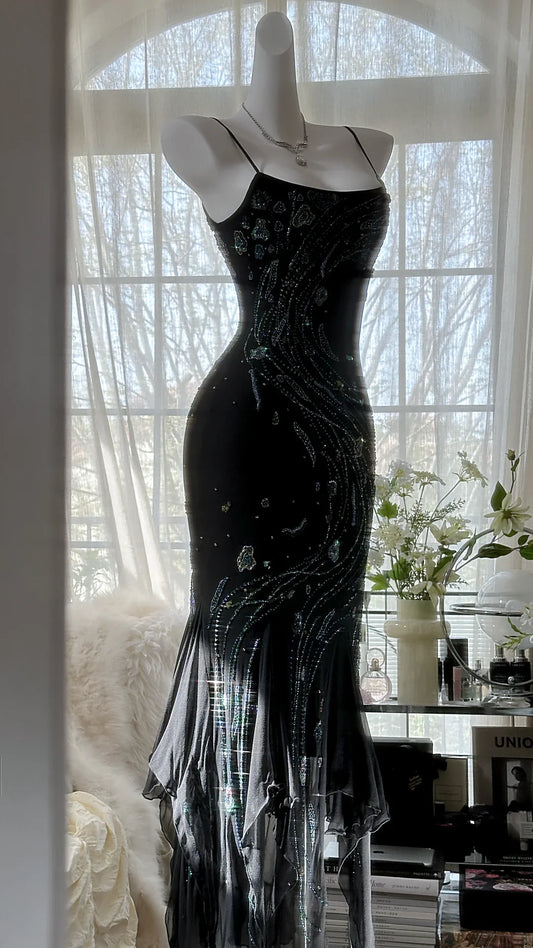 Gorgeous Mermaid Spaghetti Strap Beaded Black Chiffon Full of charm Party Dress