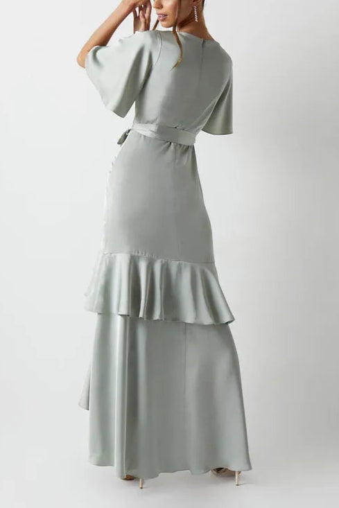 Wrap Front Waterfall Satin Retract Your Waist Fishtail Bridesmaids Maxi Dress