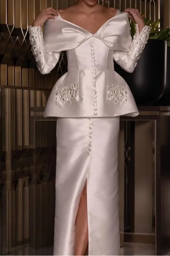 Crystal Beaded Button Off the Shoulder Prom Dress Elegant Mermaid Evening Dresses