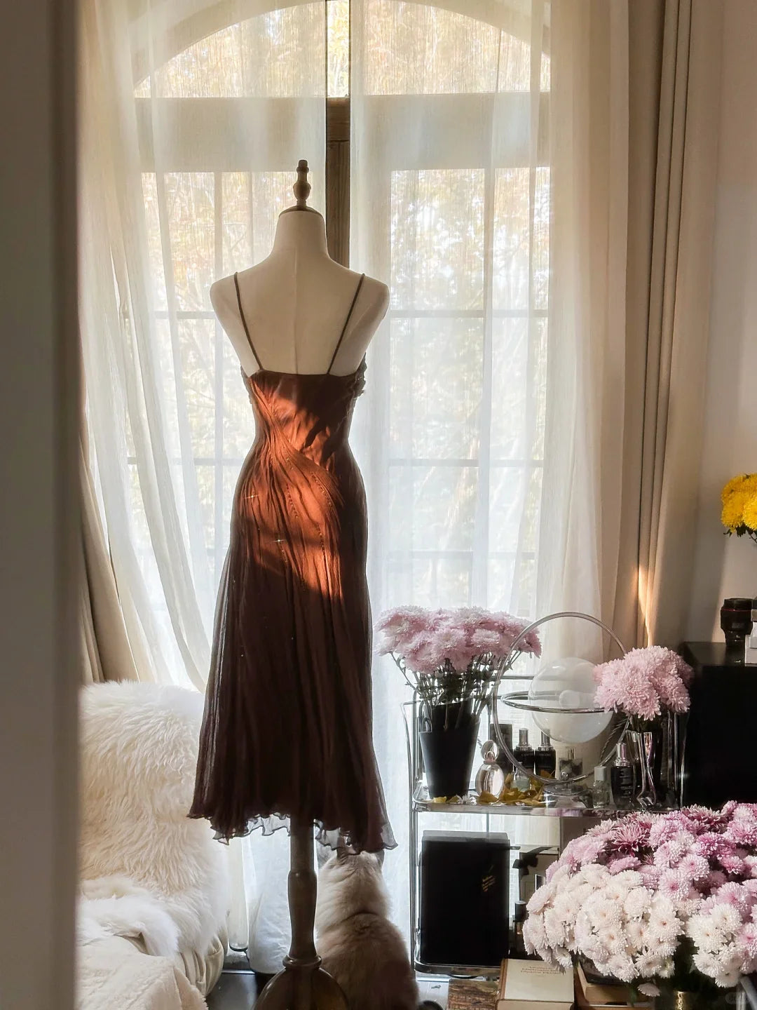 Cute A Line Spaghetti Strap Brown Full of charm Chiffon Prom Dress