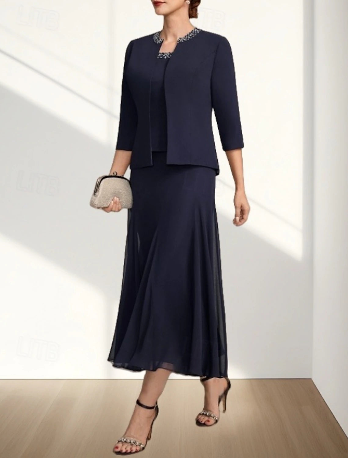 Two Piece A-Line Mother of the Bride Dress Wedding Guest Elegant Crew Neck Tea Length Chiffon 3/4 Length Sleeve with Beading Midi Dress