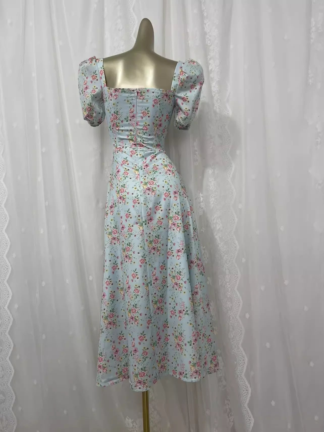 Square Neckline Floral Vacation Beach Dress Vintage A line Prom Dress