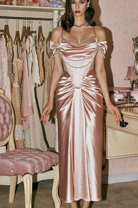 Elegant Pink Corset Satin A-Line Long Prom Dresses Fashion Off Shoulder Bridesmaid Dresses