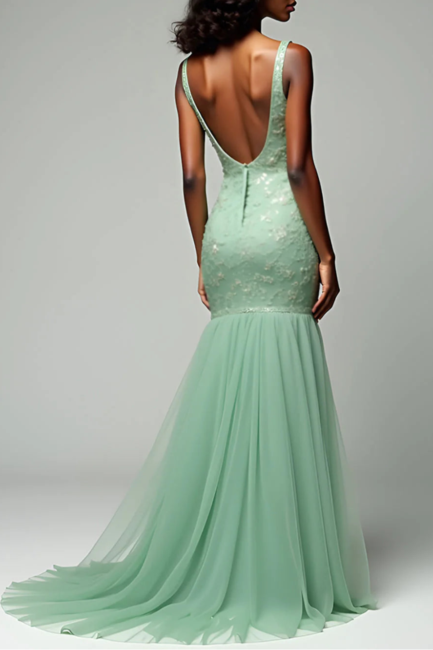 Mermaid Dusty Sage Top-quality fabric Tulle Backless Unique design Long Prom Dress