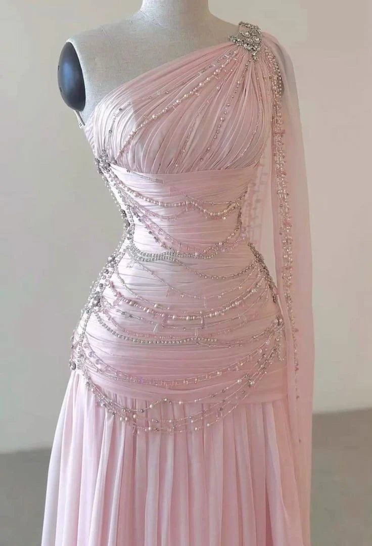 Classy A Line One Shoulder Pink Chiffon Evening Gown Retract Your Waist Prom Dresses