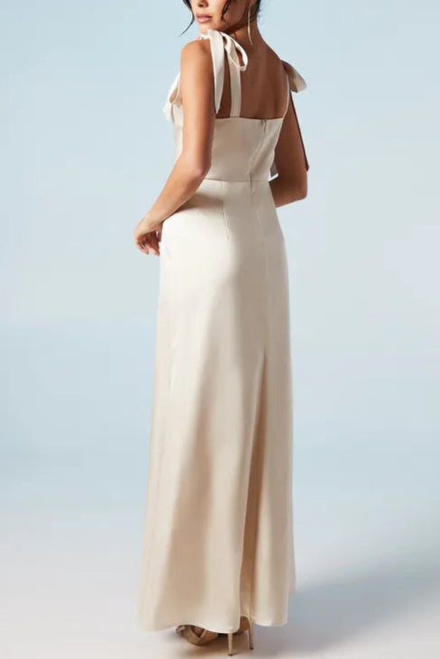 Tie Strap Cowl Neck A Line Retract Your Waist Bridesmaids Maxi Dress