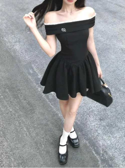 French unique design style black off-shoulder retract your waist party dress