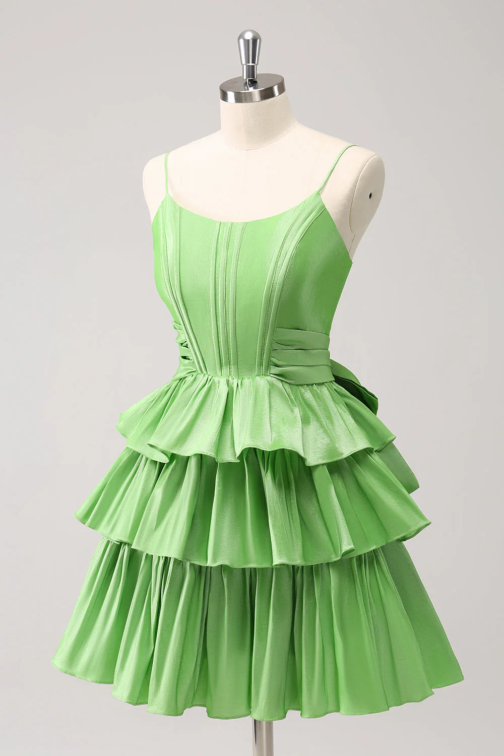 Green Cute A Line Corset Pleated Tiered Short Homecoming Dress With Bows
